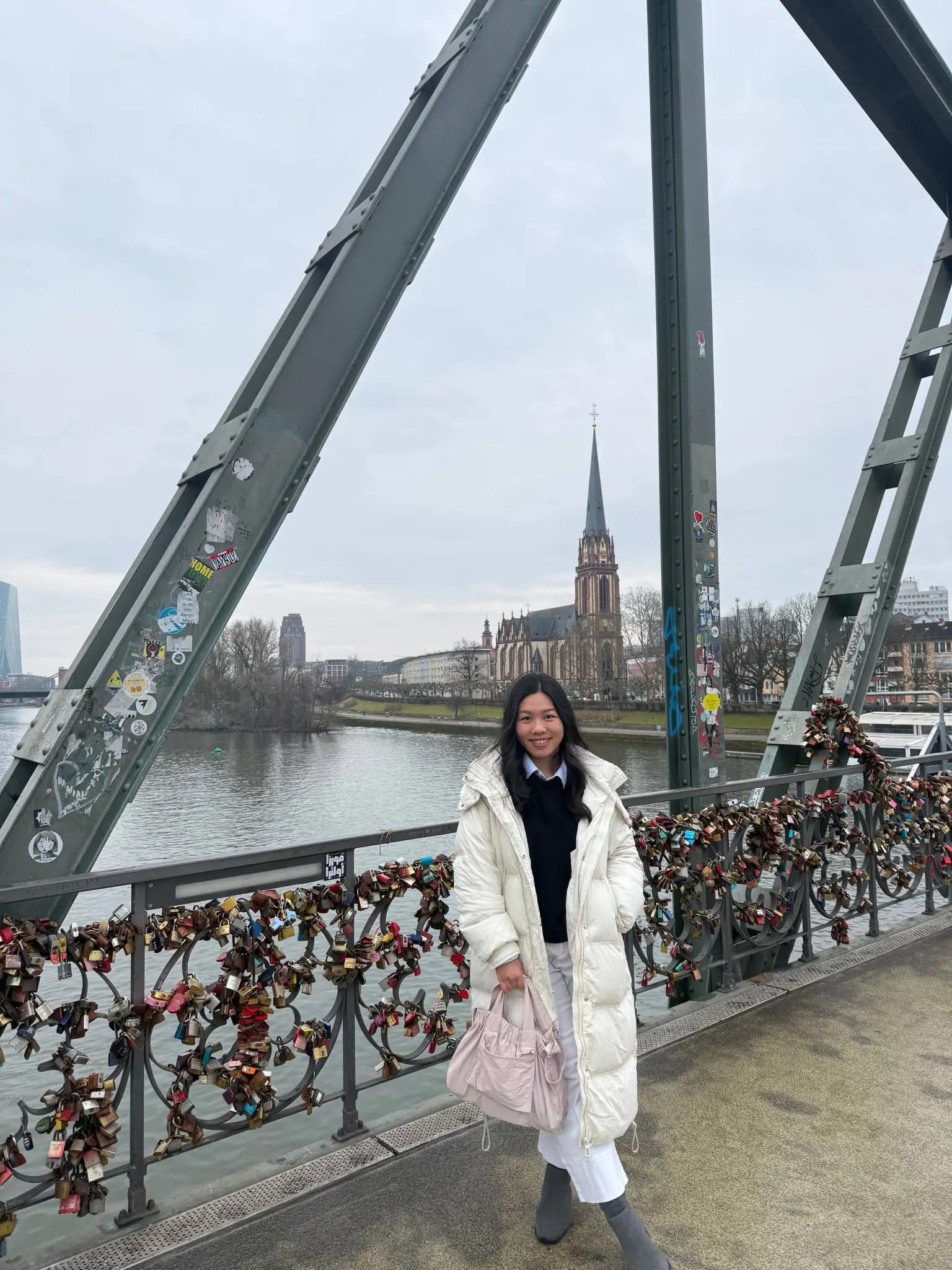 Andralynn Tan on the Eiserner Steg love locks bridge, Frankfurt